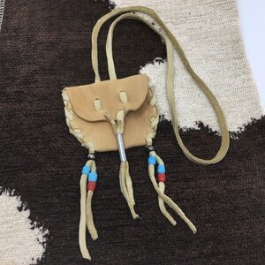 Small Handmade Leather Medicine Bag Necklace  Pouch Beaded Fringe Brown Native